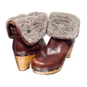 UGG Australia | Women | Lynnea Brown Leather Faux Fur Clog Heeled Booties | Sz 6